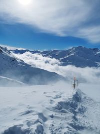 Scenic view of snowcapped mountains against sky