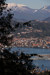 High angle view of town by sea against sky