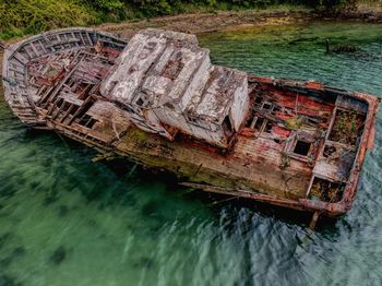 High angle view of abandoned boat in sea