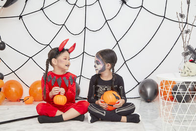 High angle view of people at market during halloween