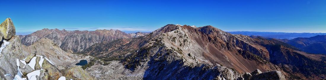 Panoramic view of rocky mountains against clear blue sky