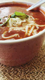 Close-up of soup in bowl on table