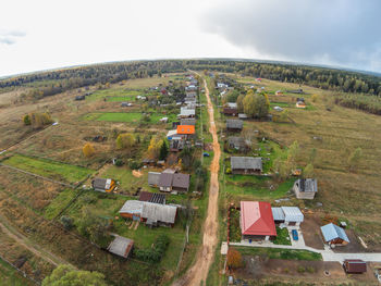 High angle view of field against sky