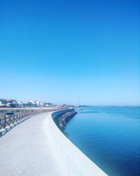 Footpath at sea against clear blue sky