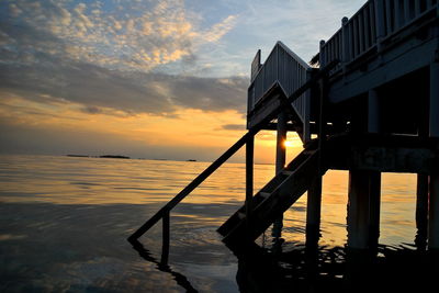 Silhouette building by sea against sky during sunset