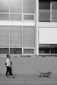 Rear view of people walking on glass building