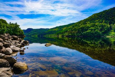 Scenic view of lake and mountains against sky