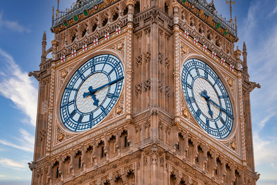 Close up view of the big ben clock tower and westminster in london.