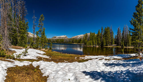 Scenic view of lake against clear blue sky