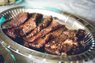 High angle view of meat in cooking pan