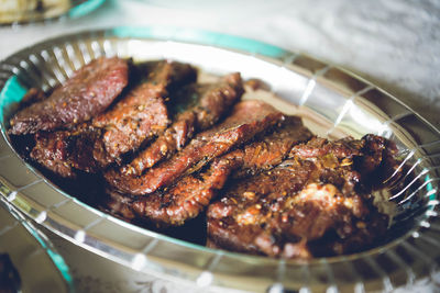 High angle view of meat in cooking pan