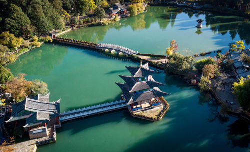 High angle view of boats in river