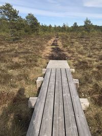 Empty footpath amidst trees on field against sky