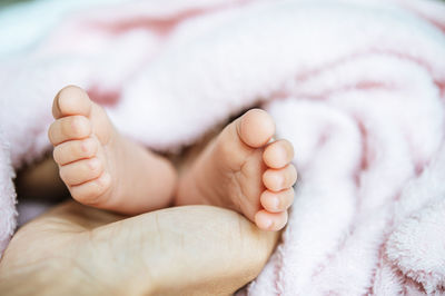 Low section of baby lying on bed