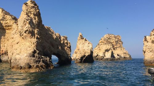 Panoramic view of sea against clear blue sky