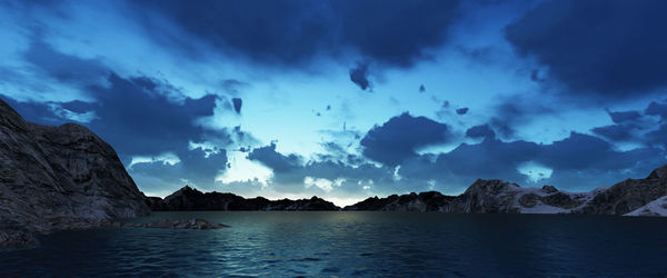 Panoramic view of sea and rocks against blue sky