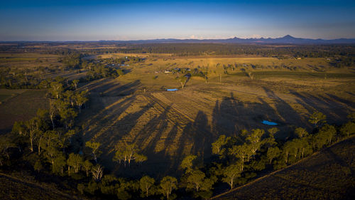 High angle view of trees on landscape against sky