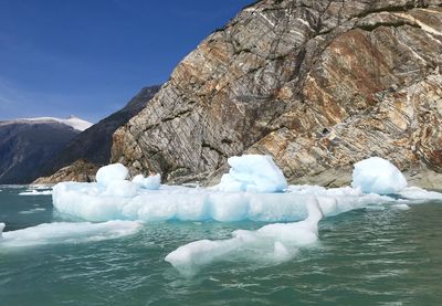 Frozen water in sea against sky