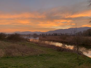 Scenic view of field against sky during sunset