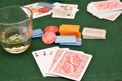 Close-up of playing cards with gambling chips on table