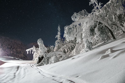 Snow covered landscape against sky at night