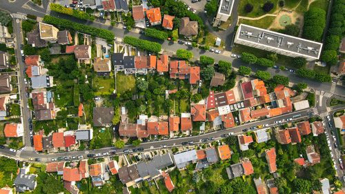 High angle view of buildings in city