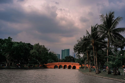 Scenic view of palm trees and buildings against sky