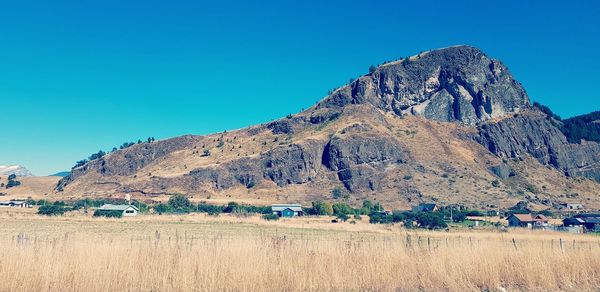 Scenic view of mountains against clear blue sky