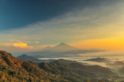 Scenic view of mountains against sky during sunset