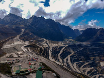 Aerial view of landscape and mountains against sky