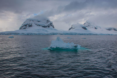 Iceberg in sea against cloudy sky