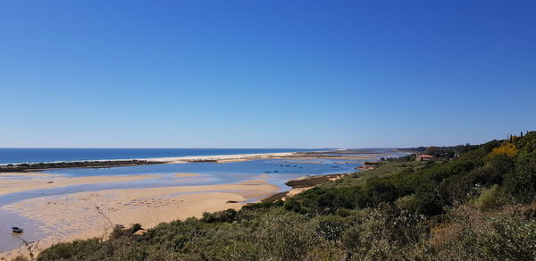 Scenic view of beach against clear blue sky