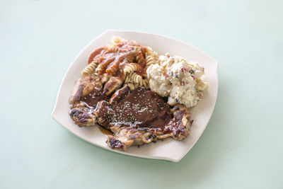 High angle view of food served in plate