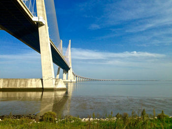 Low angle view of vasco da gama bridge over tagus river