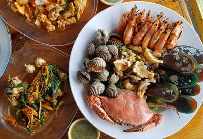 High angle view of seafood served on table
