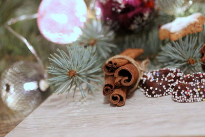 High angle view of christmas decoration on table