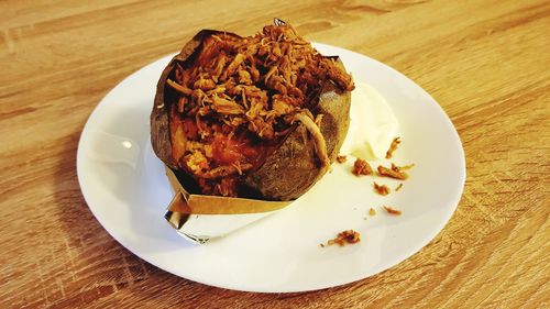 High angle view of food in plate on table