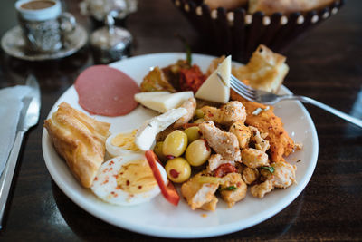 High angle view of food served in plate on table