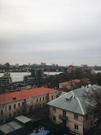 High angle view of buildings in city against sky