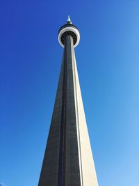 Low angle view of communications tower against blue sky