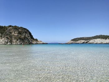 Scenic view of sea against clear blue sky