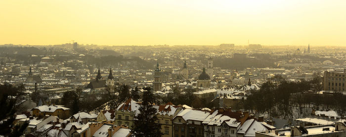 High angle view of cityscape against clear sky