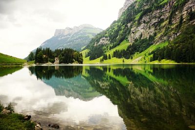 Scenic view of lake and mountains against sky