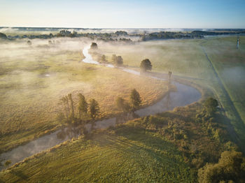 High angle view of field against sky