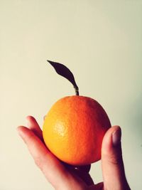 Close-up of hand holding apple against orange background