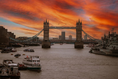 View of bridge over river against cloudy sky during sunset