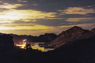 Scenic view of mountains against sky at sunset