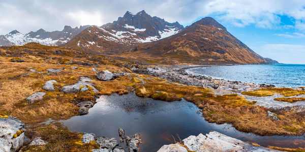 Scenic view of snowcapped mountains against sky