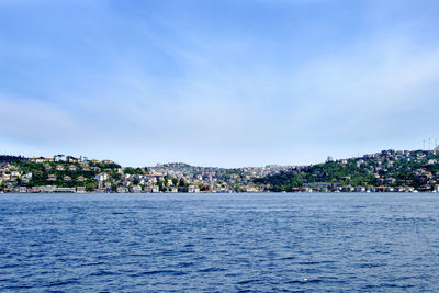 Scenic view of sea by town against sky