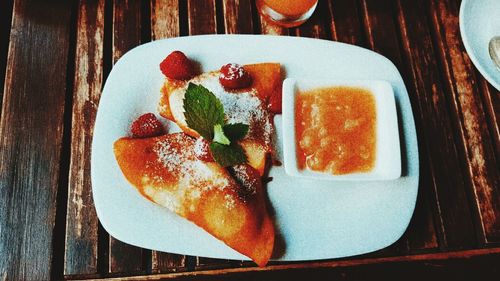 Directly above shot of breakfast served on table